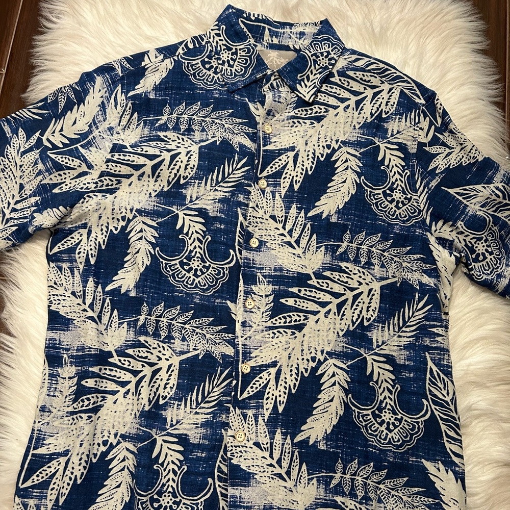 Margaritaville Silk Linen Hawaiian Camp Shirt Mens M Blue Leaf Jimmy Buffet